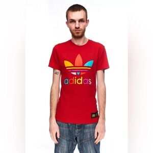 adidas Red Short Sleeve Tee with Multicolor Logo